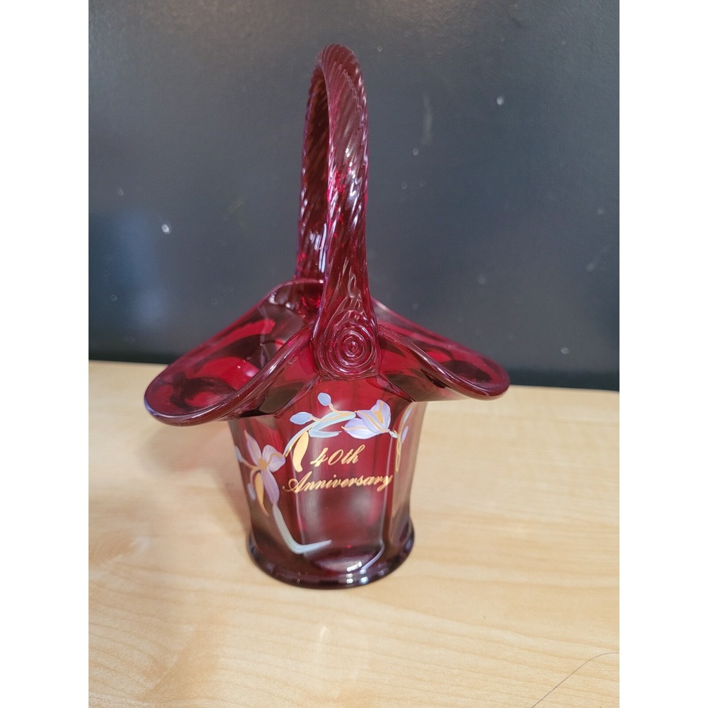 Fenton Ruby Red Hand Painted 40th Anniversary Signed Basket